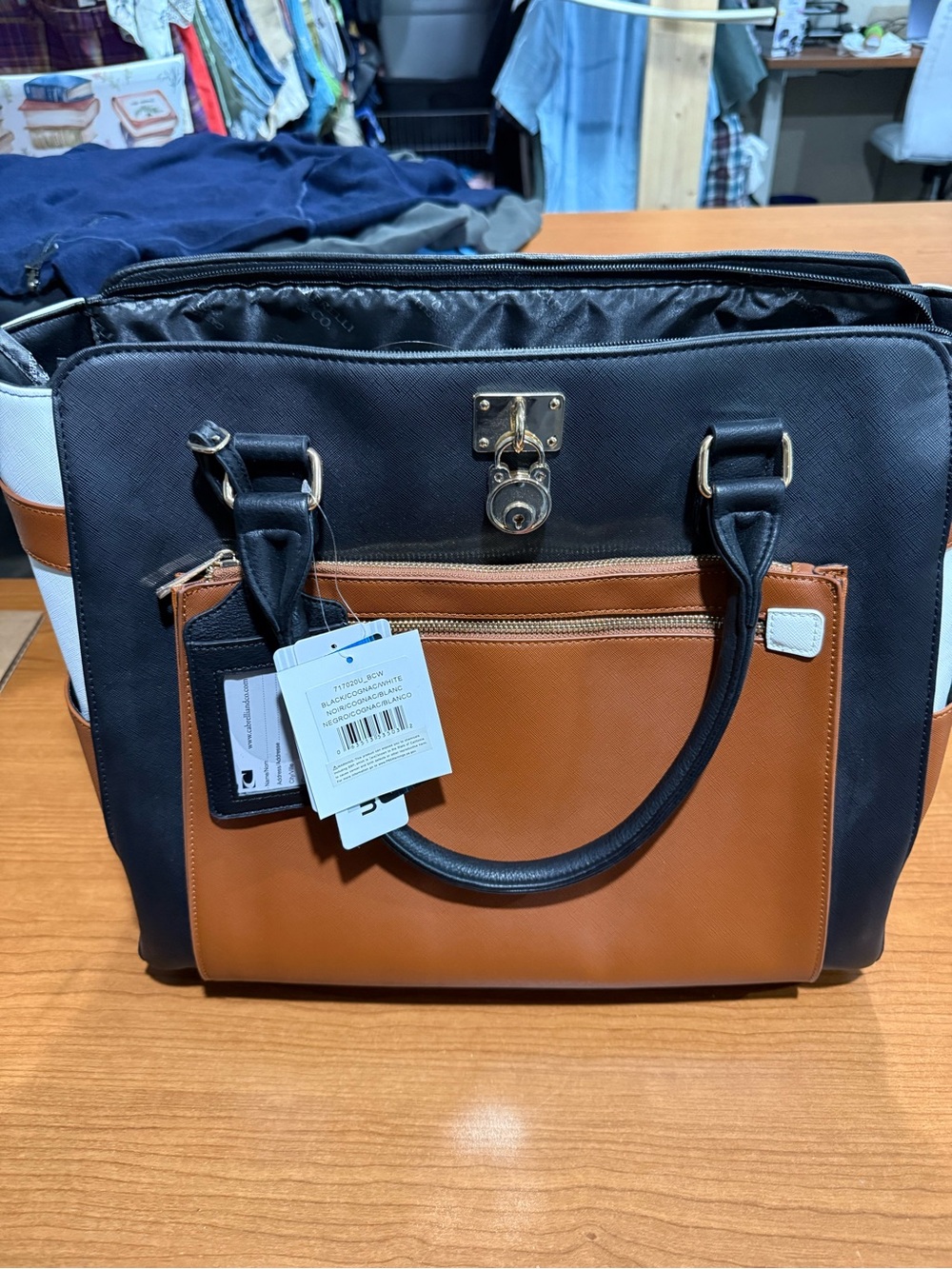 Women's Two-Tone Travel Tote Bag in Black, Brown & White